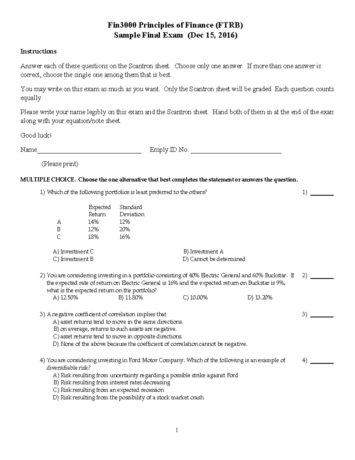 Final Exam Study Guide for Finance 3000: Sample Qs & Key Answers - Studocu