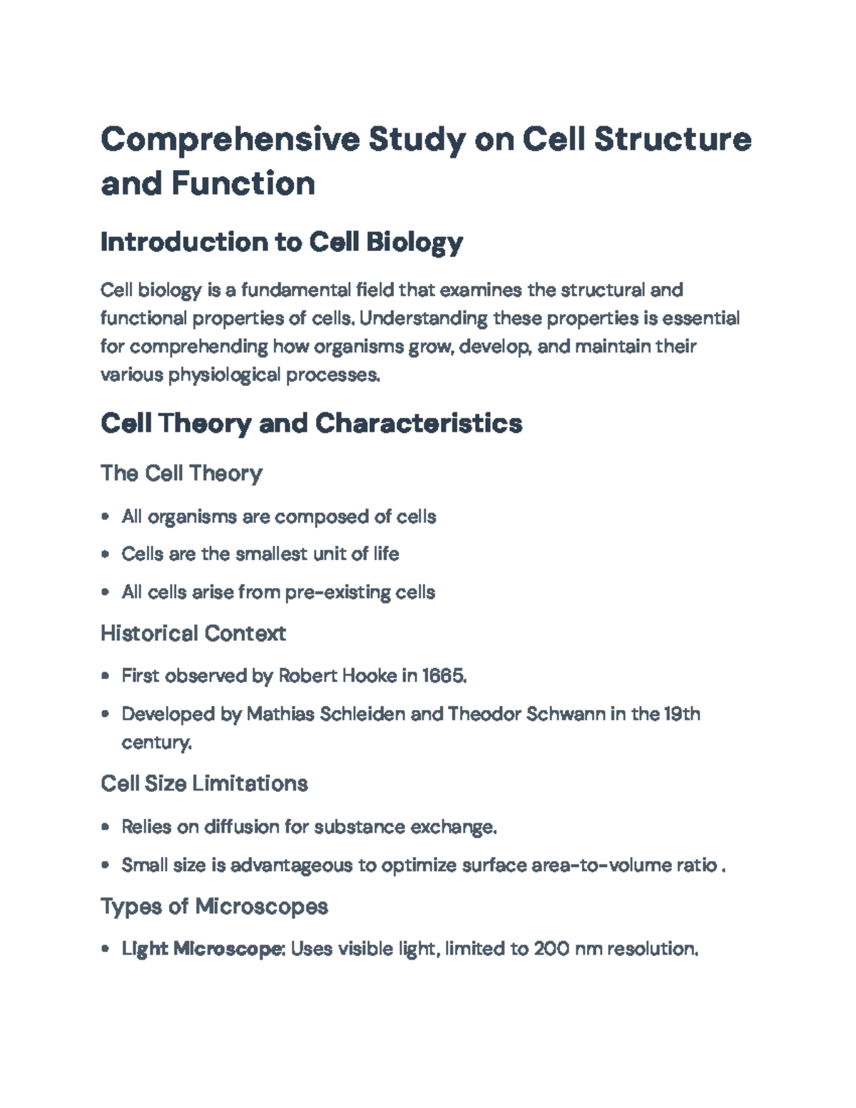 Comprehensive Study Guide on Cell Structure and Function (BIO101 ...