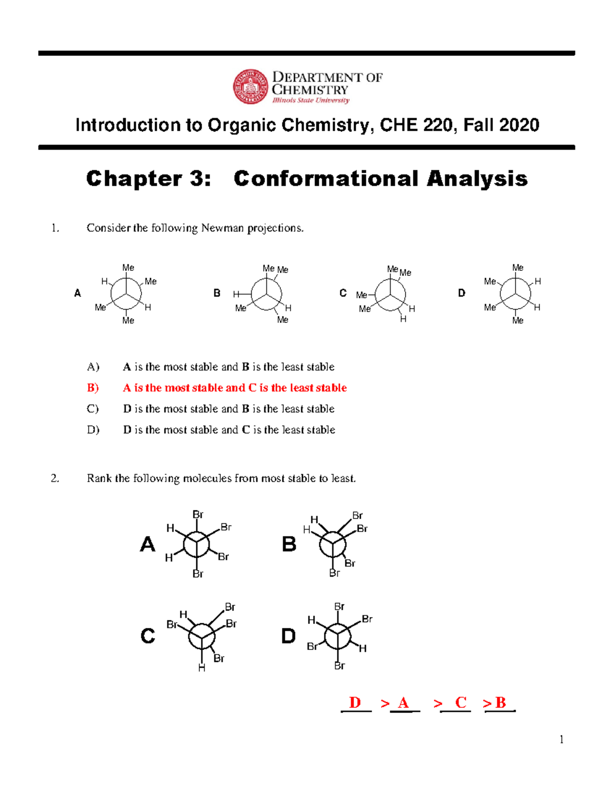 CHE 220 CH 03 Practice EXAM Solutions- FALL 2020 - 1 Introduction to ...
