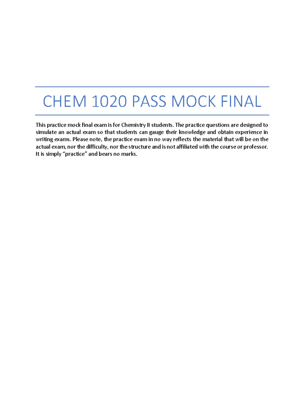 Chemistry 1020 Final Exam Review Solutions and Key Concepts - Studocu