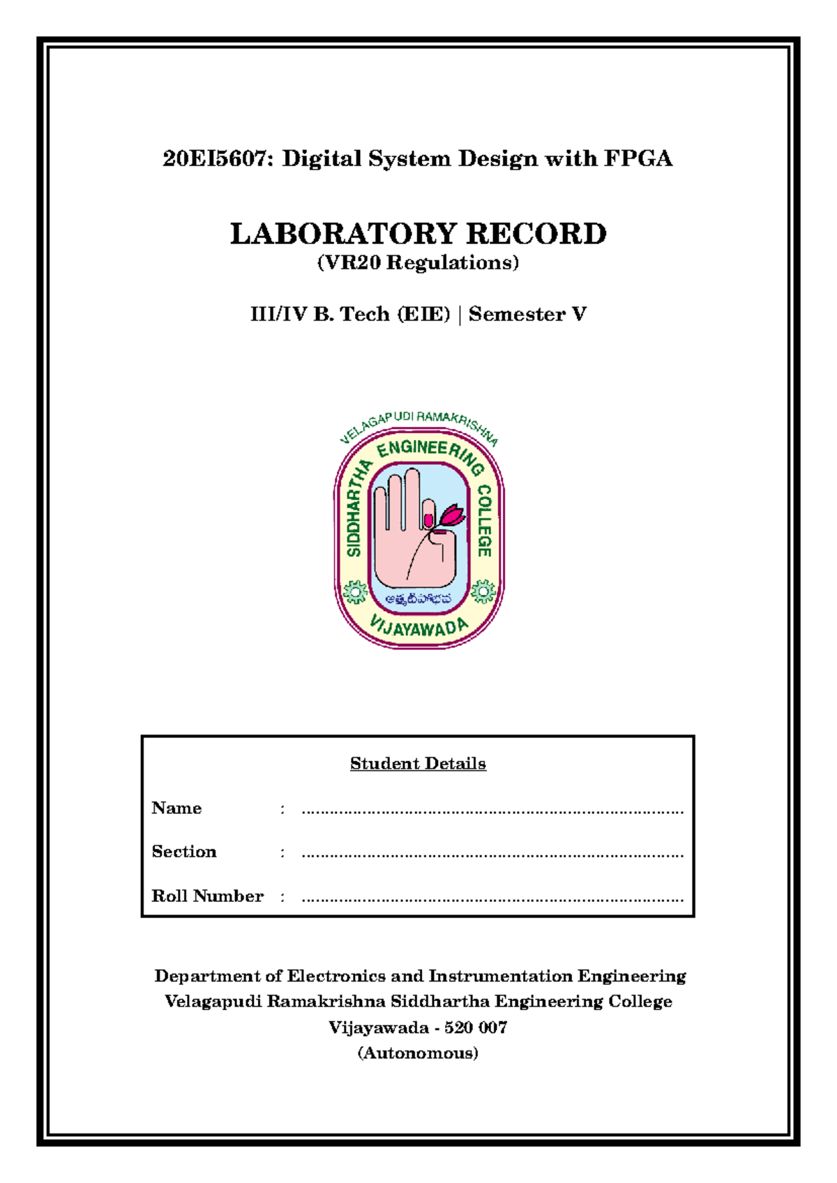 20EI5607: FPGA Laboratory Record for Digital System Design - Studocu