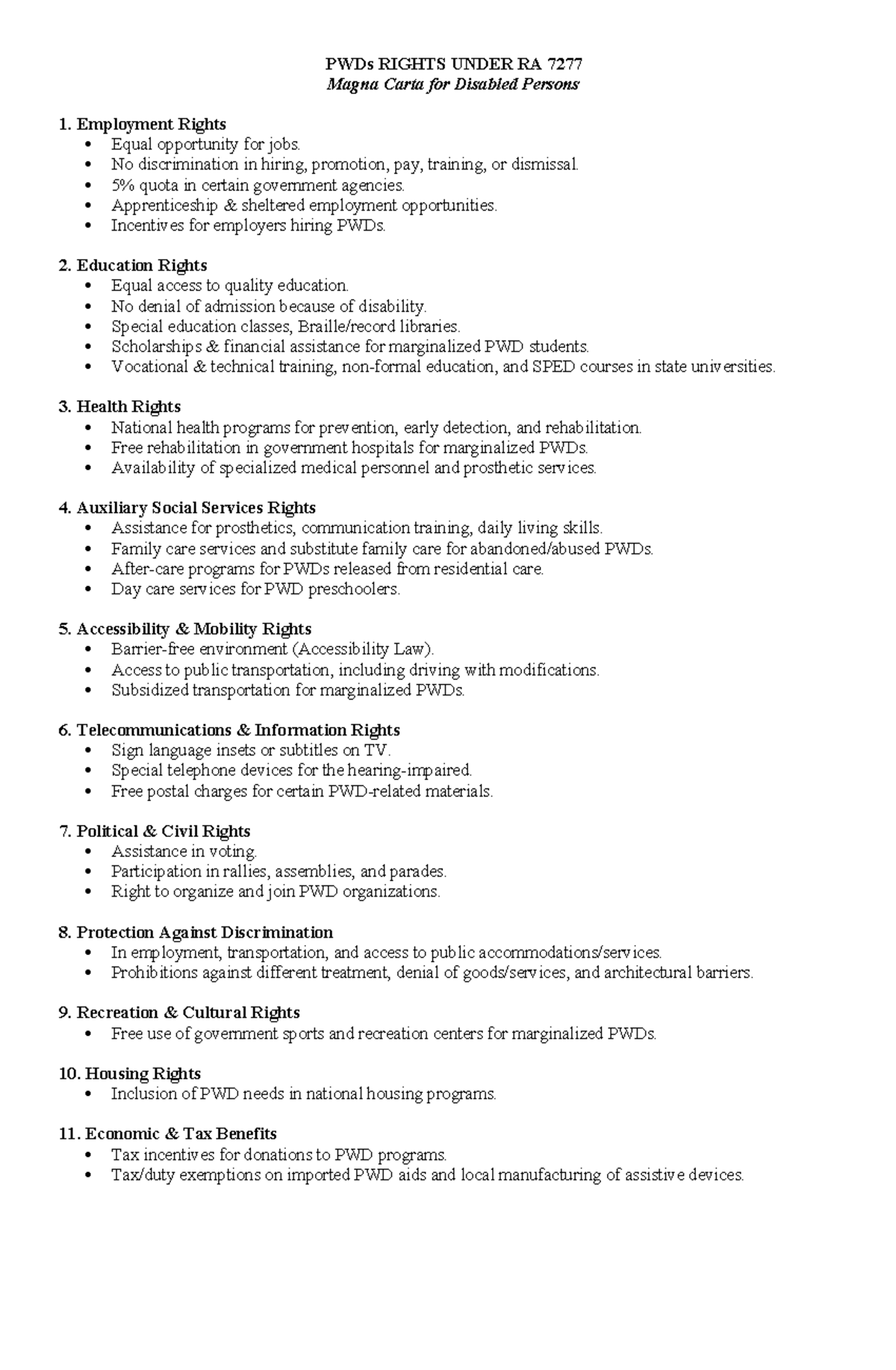 PWDs Rights Under RA 7277: A Comprehensive Overview - Studocu