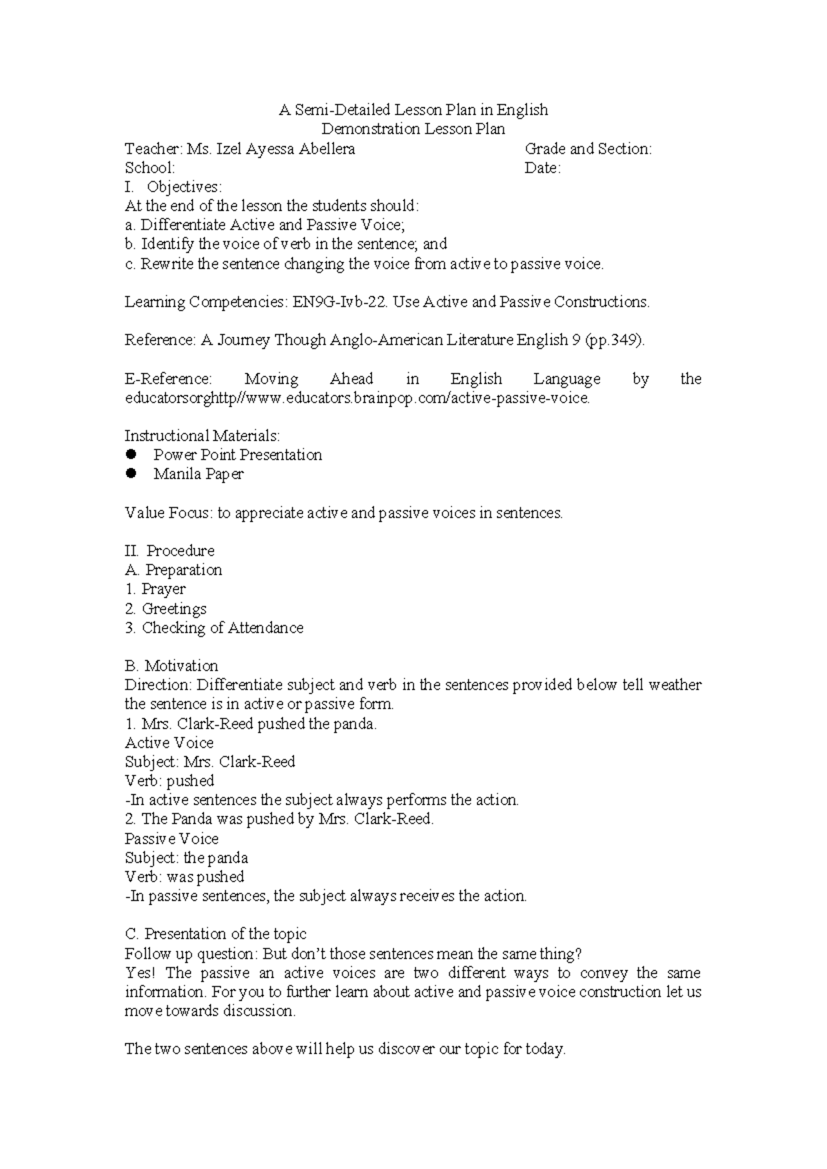 English 9: Demonstration Lesson Plan on Active and Passive Voice - Studocu