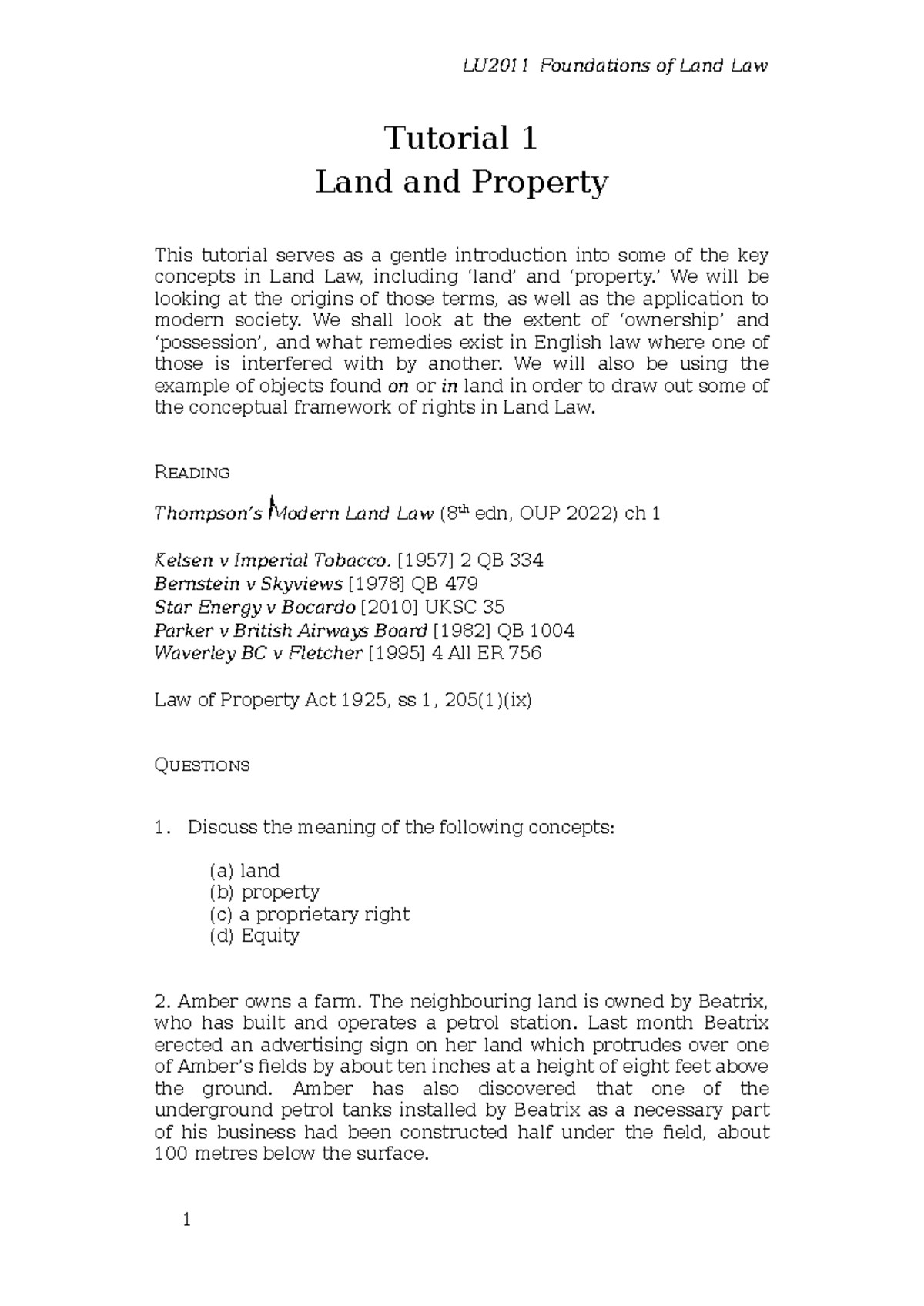 LU2011 Tutorial 1: Key Concepts in Land and Property Law - Studocu