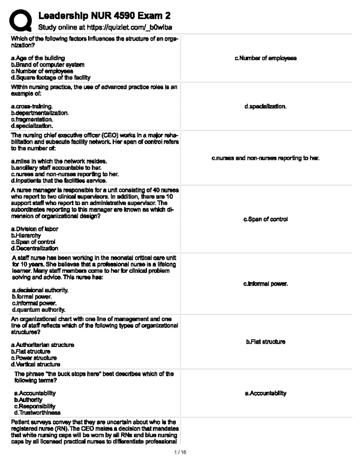 Leadership NUR 4590 Midterm Exam Study Guide - Studocu