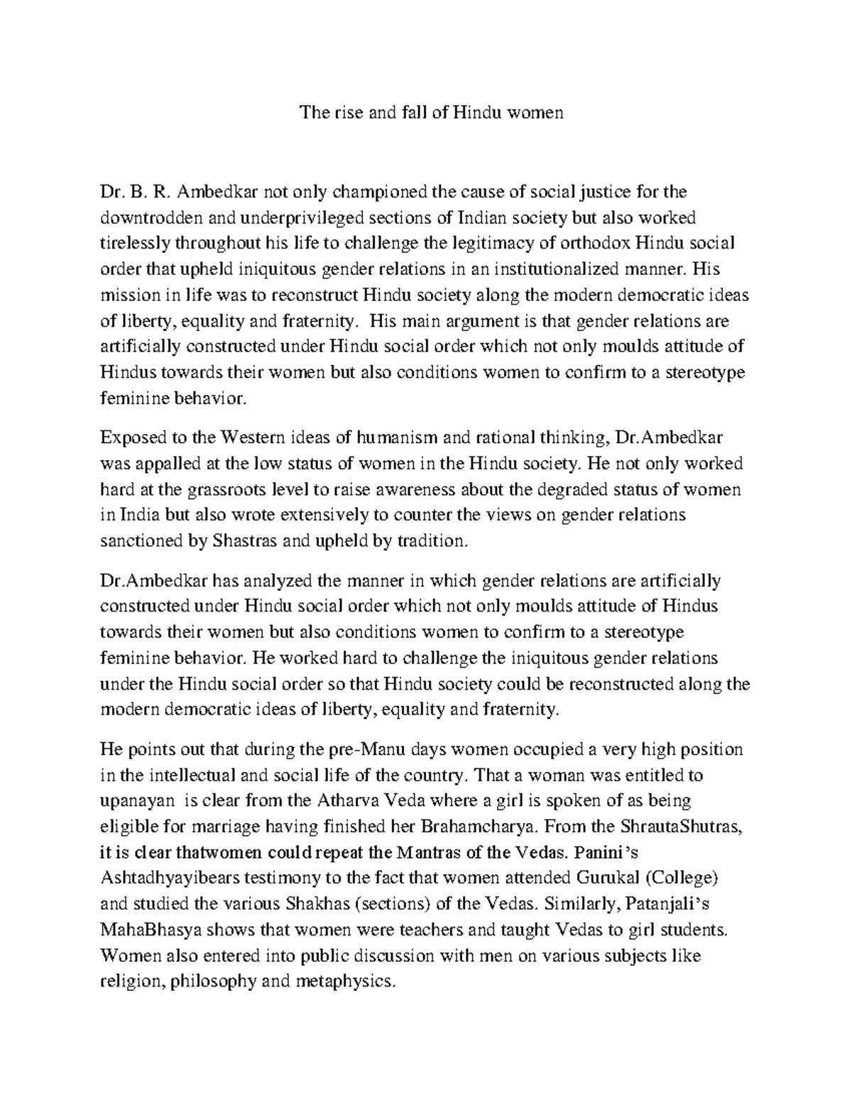 HIS 200: Gender Dynamics in Hindu Society - A Study of Women’s Status ...