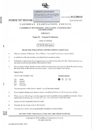 CSEC Physics Paper 01 General Proficiency Exam - June 2015 - Studocu