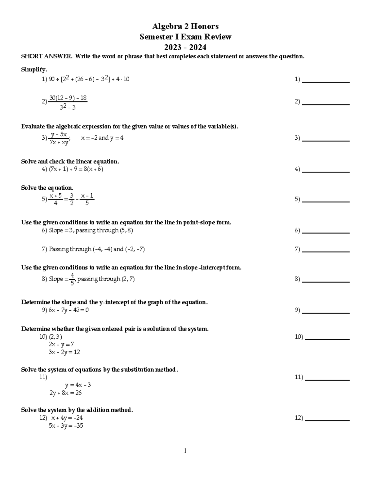 Sem 1 Exam Review 2023-2024 - Algebra 2 Honors Semester I Exam Review ...