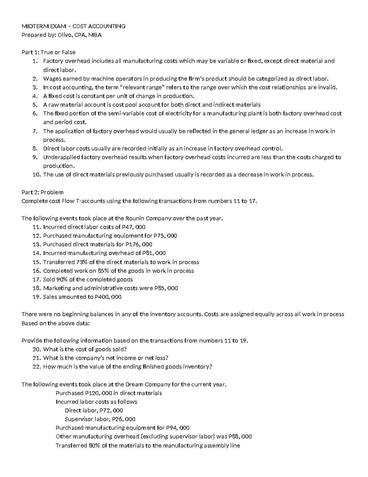 COST ACCOUNTING: MIDTERM EXAM REVIEW NOTES - Studocu