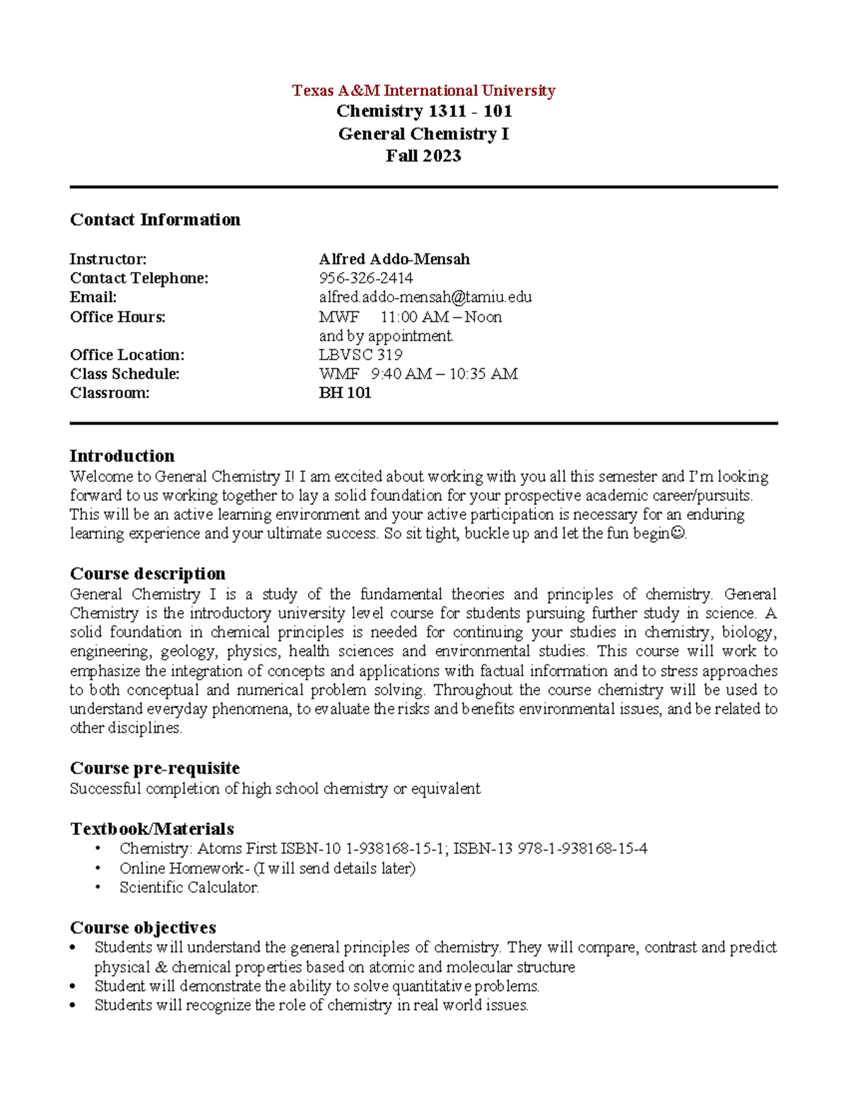 CHEM 1311 General Chemistry I Syllabus - Fall 2023 - Studocu