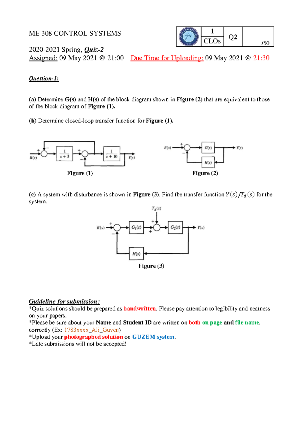 ME 308 Control Systems Q2 Spring 2021 Quiz Solutions - Studocu