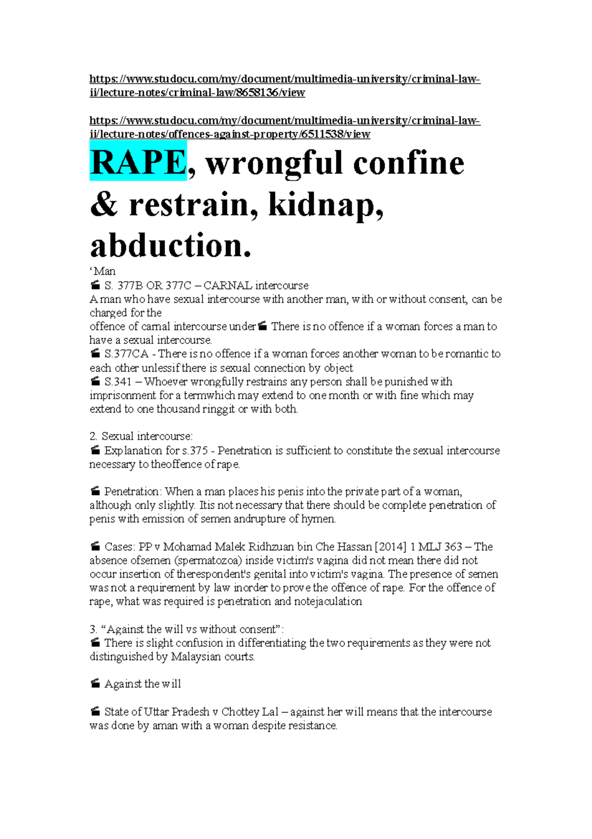 Criminal Law II - Rape & Kidnapping Lecture Notes - Studocu
