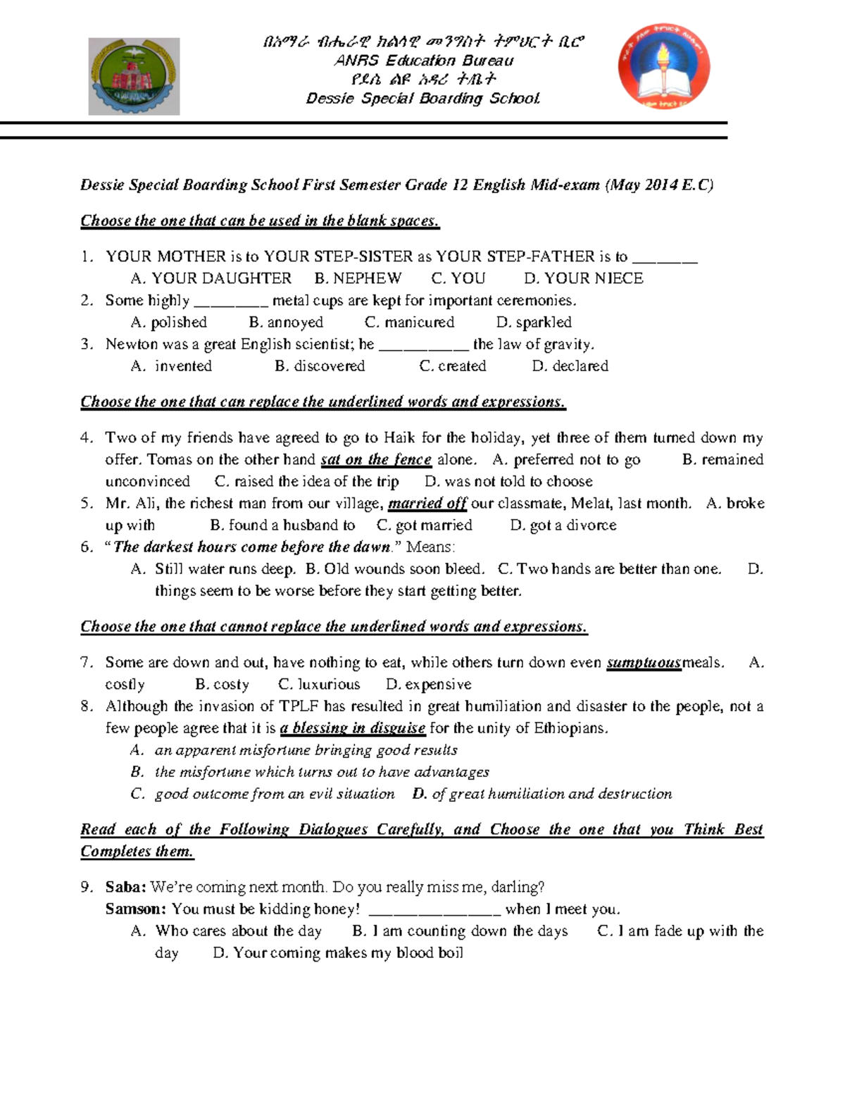 Grade 12 English Midterm Worksheet (1st Sem) - Dessie Special School ...
