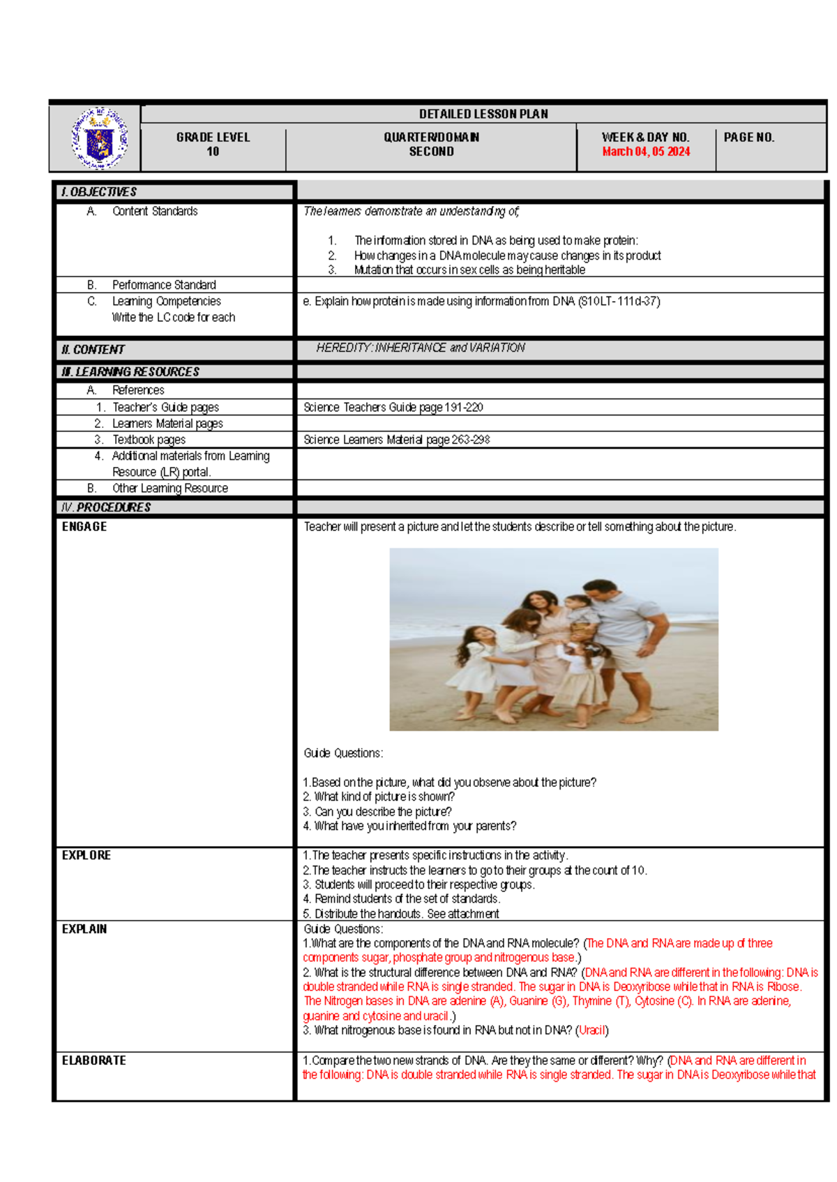 LP 1: Heredity, Inheritance, and Variation Lesson Plan - Gr. 10 - Studocu
