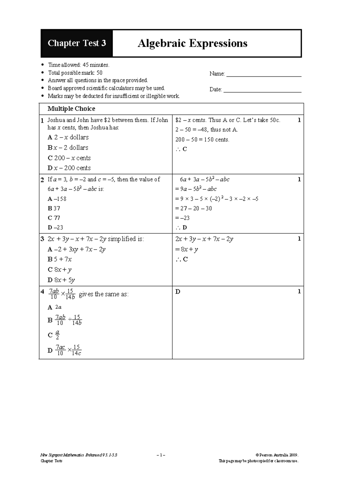 Chapter Test 3: Algebraic Expressions (9 5.3CT3) - Studocu