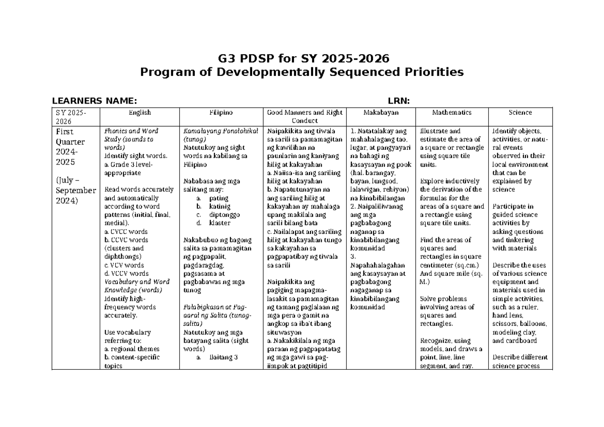 PDSP G3 2025: Developmentally Sequenced Priorities for First Quarter ...