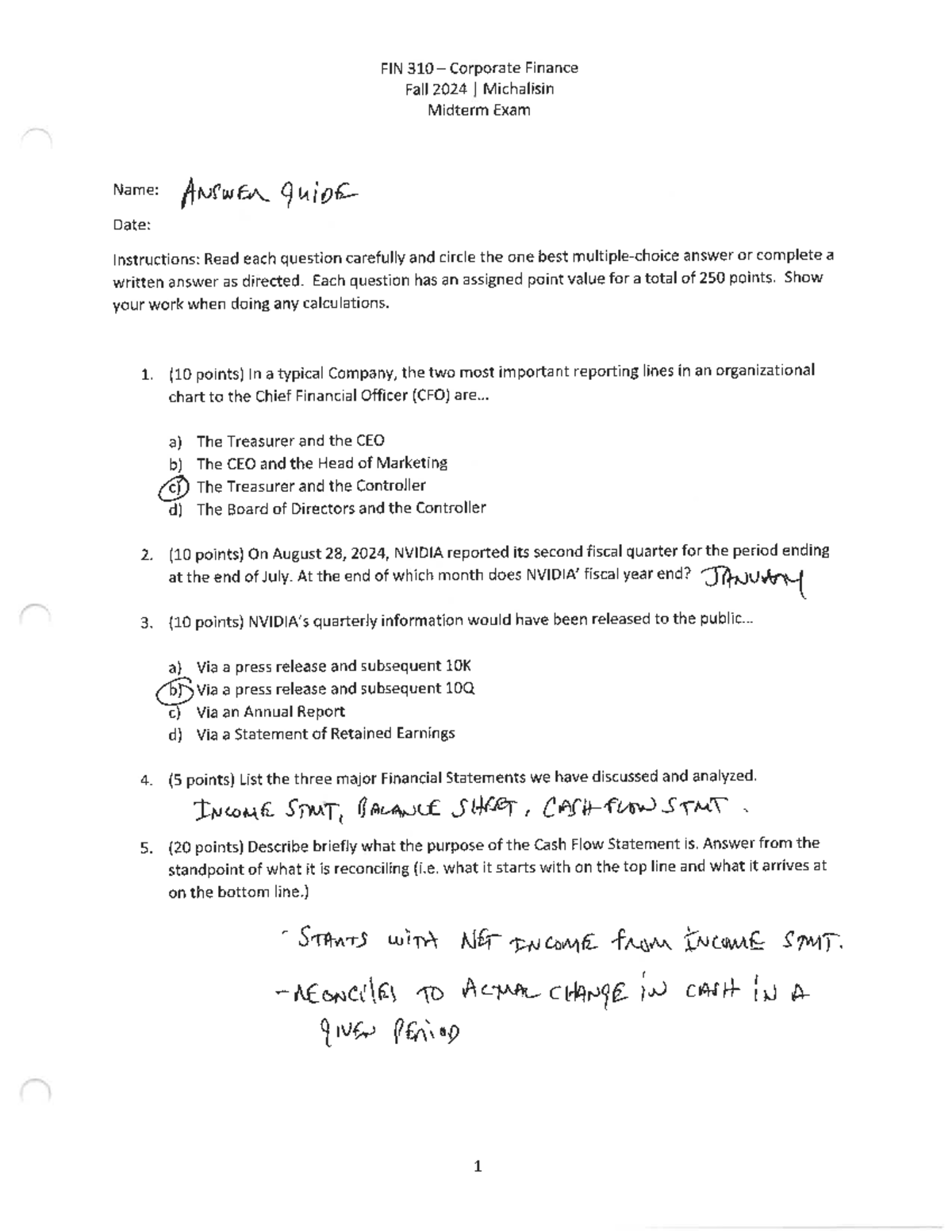 FIN 310 Corporate Finance Fall 2024 I Michalisin Midterm Exam Guide ...