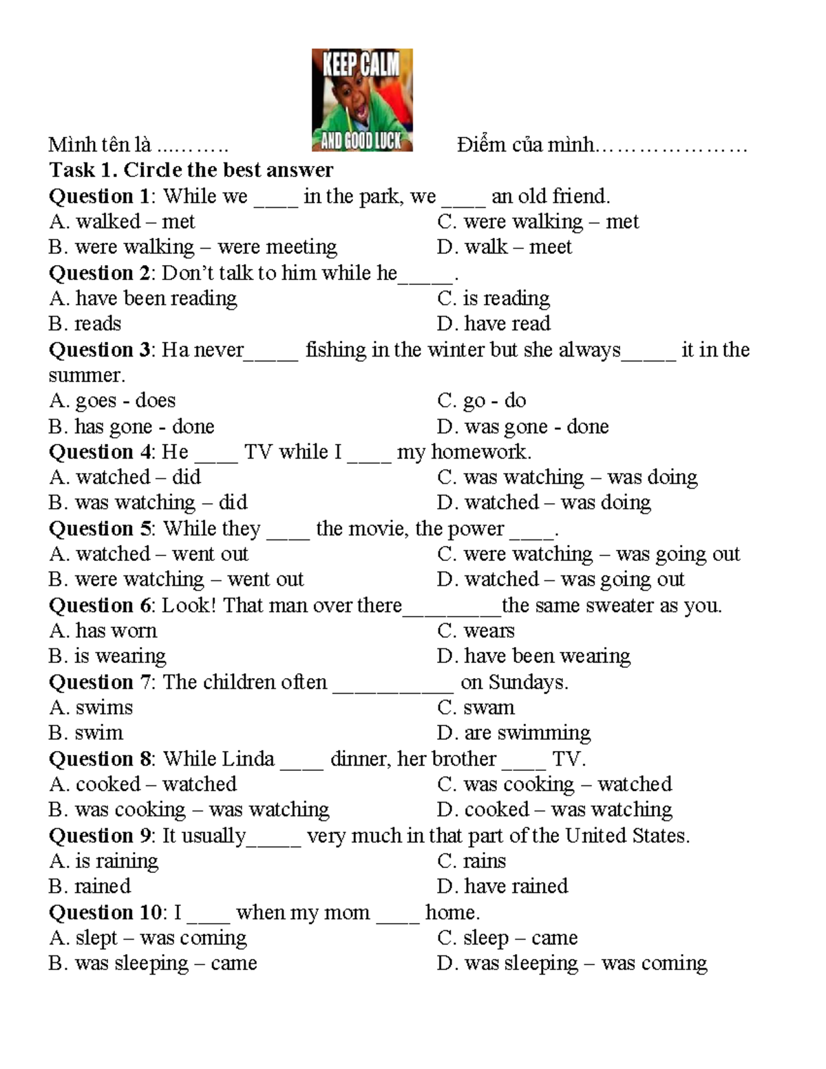 Chuyên đề 1. Kiểm tra 4 thì - Task 1 Questions - Studocu