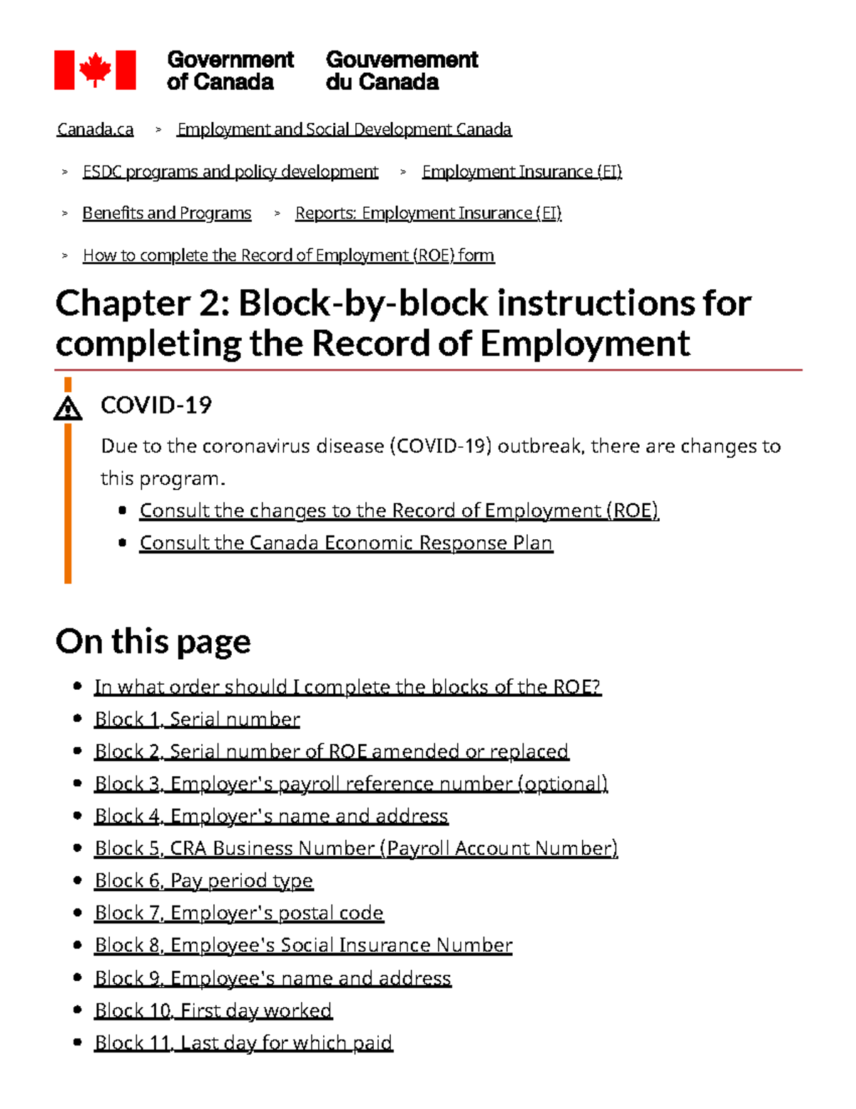 ESDC 101: Instructions for Completing the Record of Employment (ROE ...