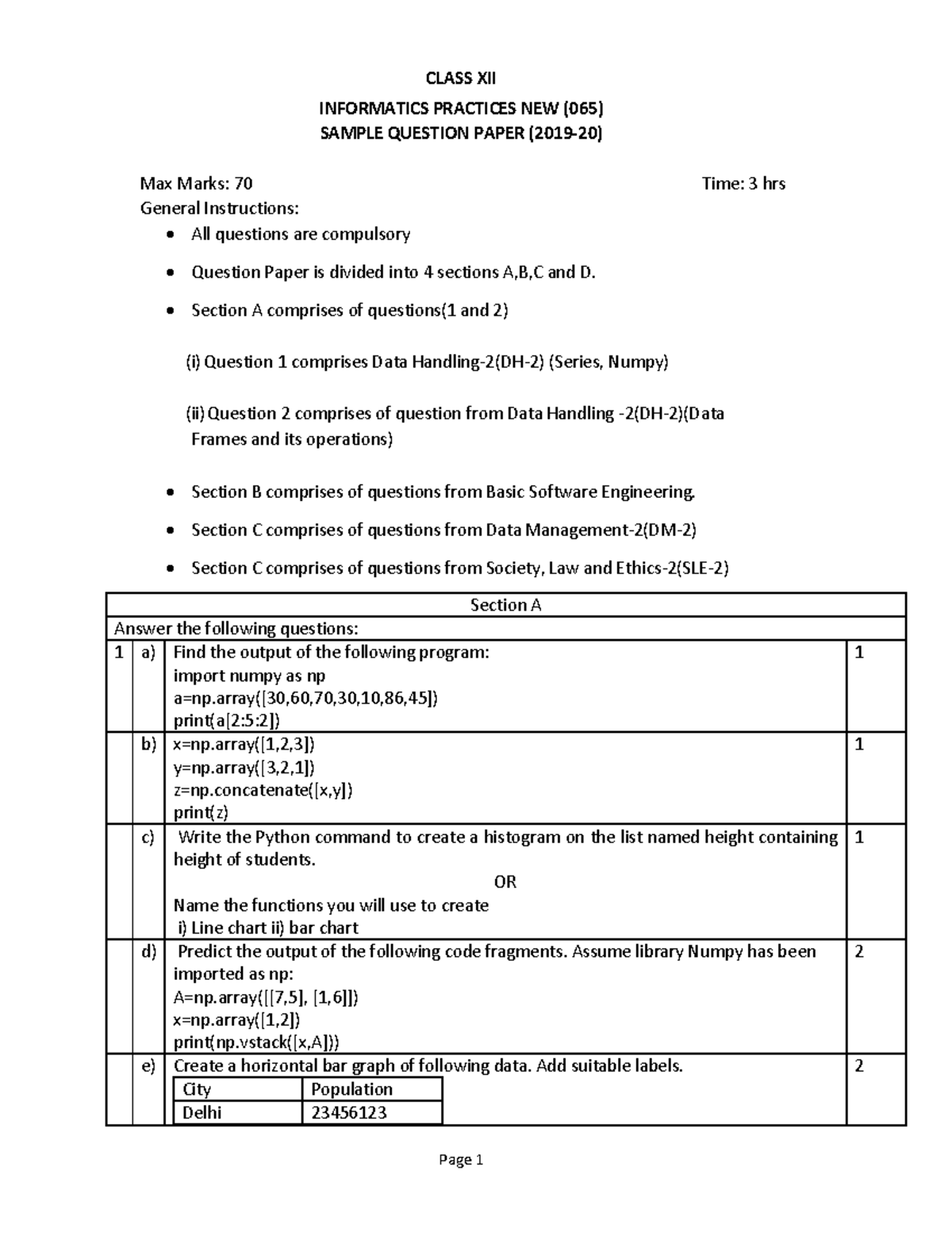 Sample Question Paper for Class XII Informatics Practices (065) - 2019 ...