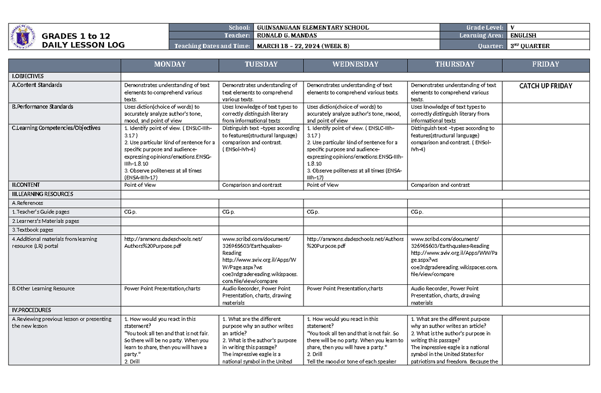 DLL English 5 Q3 W8 - GRADES 1 to 12 DAILY LESSON LOG School ...