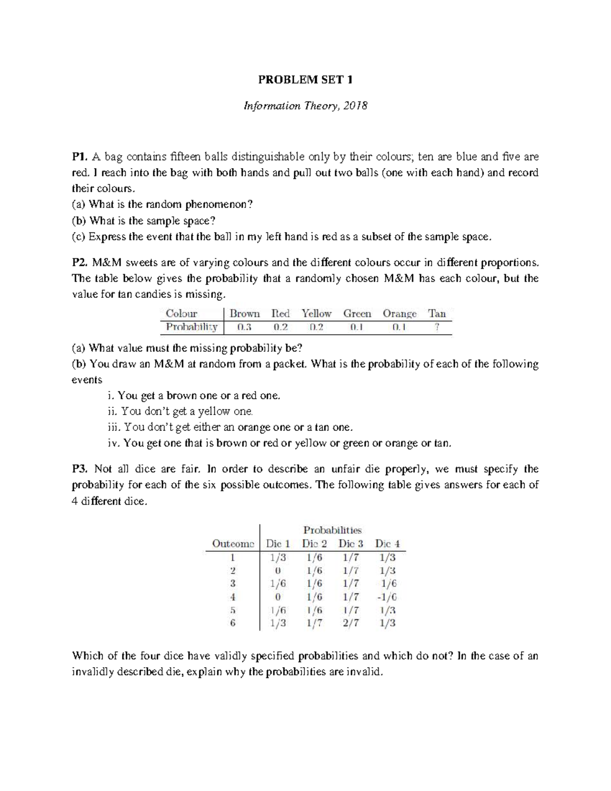 Problem Set 1: Information Theory (2018) - Probability Questions - Studocu