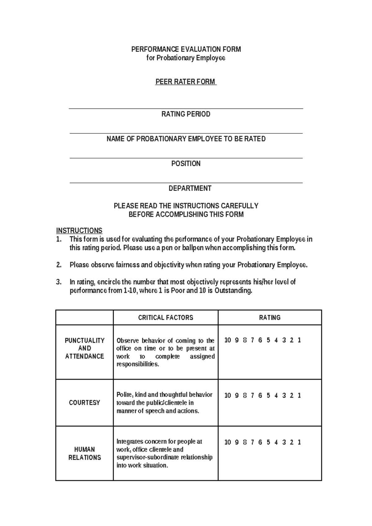 Performance Evaluation Form for Probationary Employees - Studocu