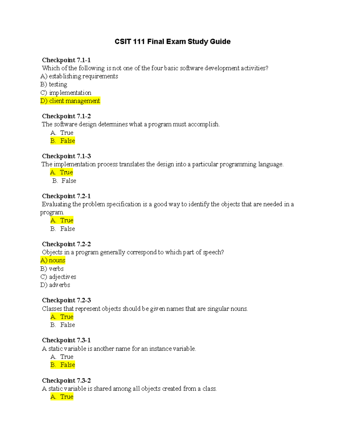 CSIT 111 Final Exam Review: Study Guide & Checkpoint Qs - Studocu