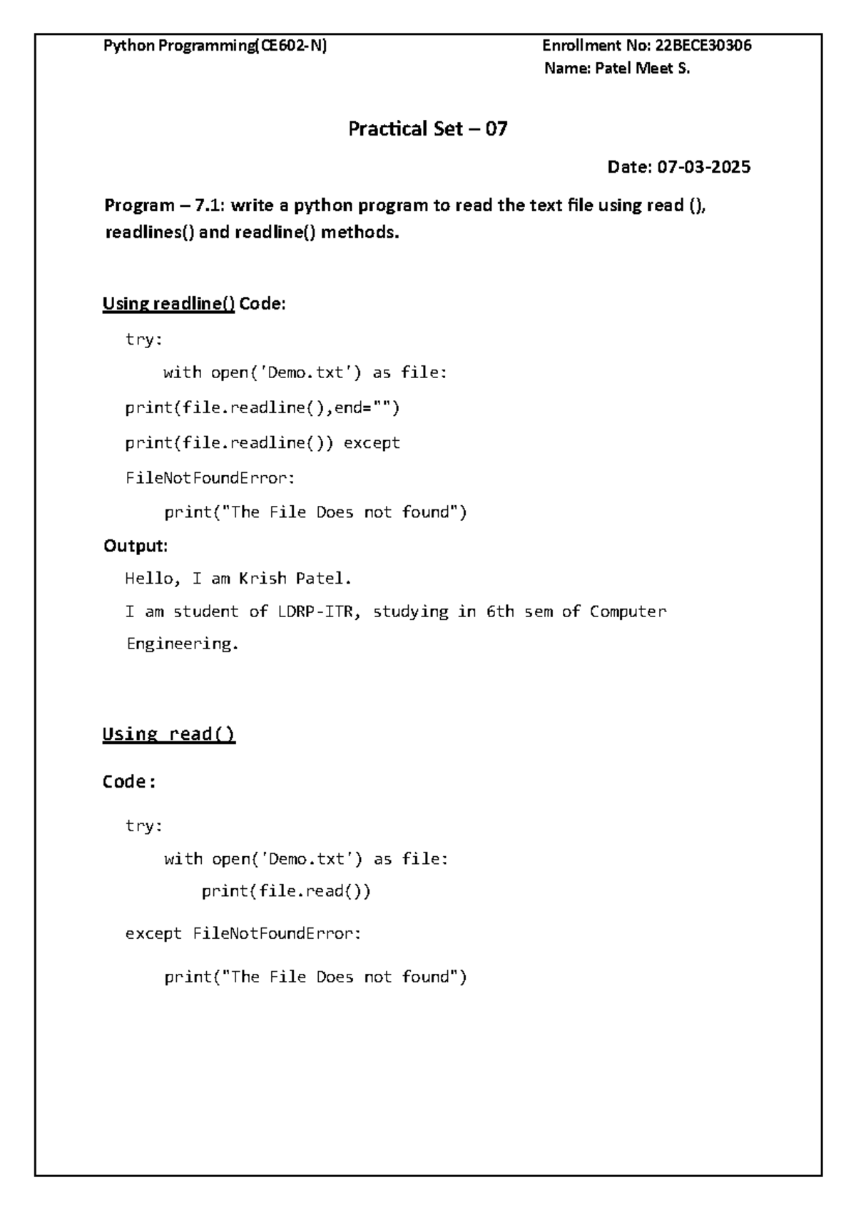 Practical Set 07 - Python Programming (22BECE30306) - Studocu
