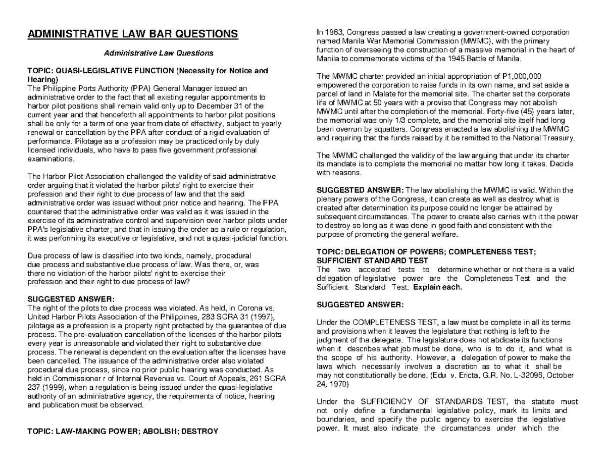 Compilation of Admin Law Bar Questions (ADMIN LAW 101) - Studocu