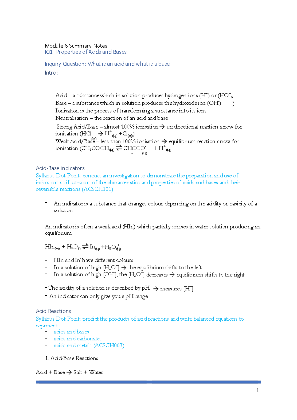 Module 6 Summary Notes: Properties of Acids and Bases (ACSCH101) - Studocu