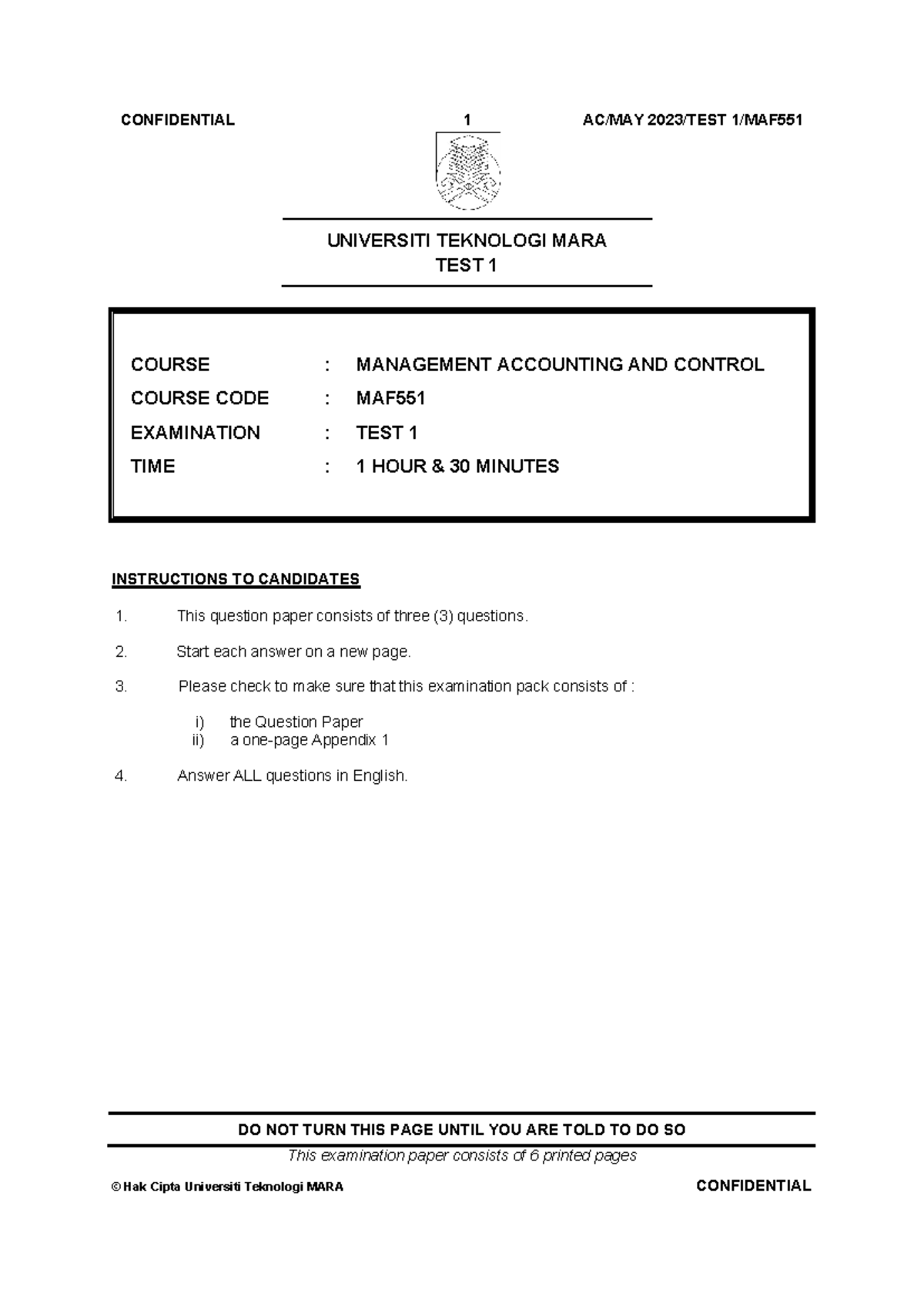 TEST 1 MAF551 MANAGEMENT ACCOUNTING AND CONTROL - MAY 2023 - Studocu