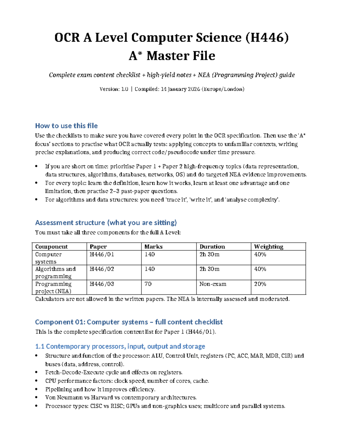 OCR A Level Computer Science (H446) Complete Exam Checklist & NEA Guide ...