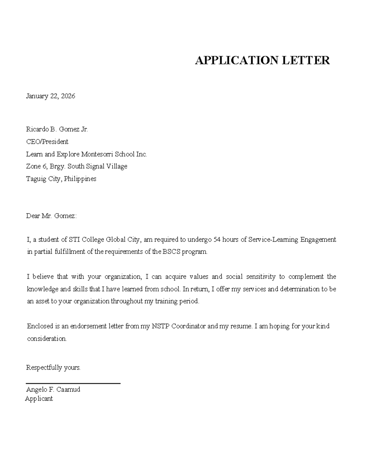 NSTP Engagement Application & Agreement Template for BSCS Students ...