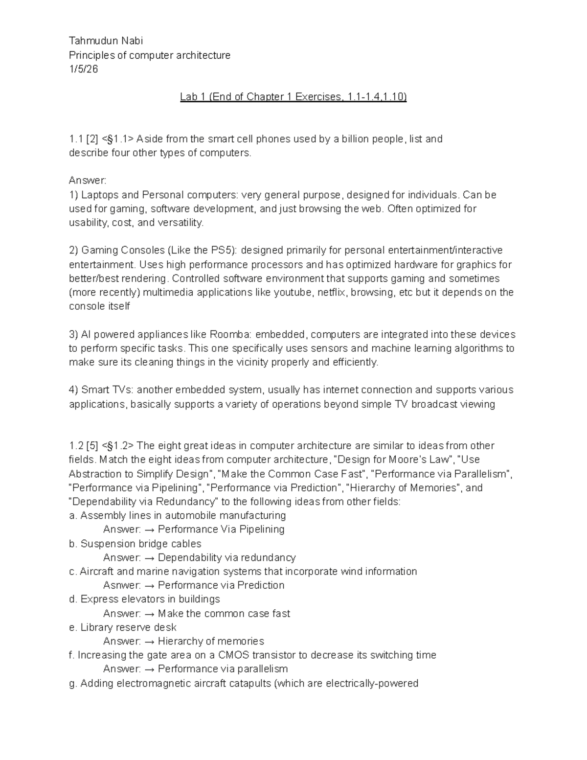 Lab 1: Computer Architecture Principles - End of Chapter 1 Exercises ...
