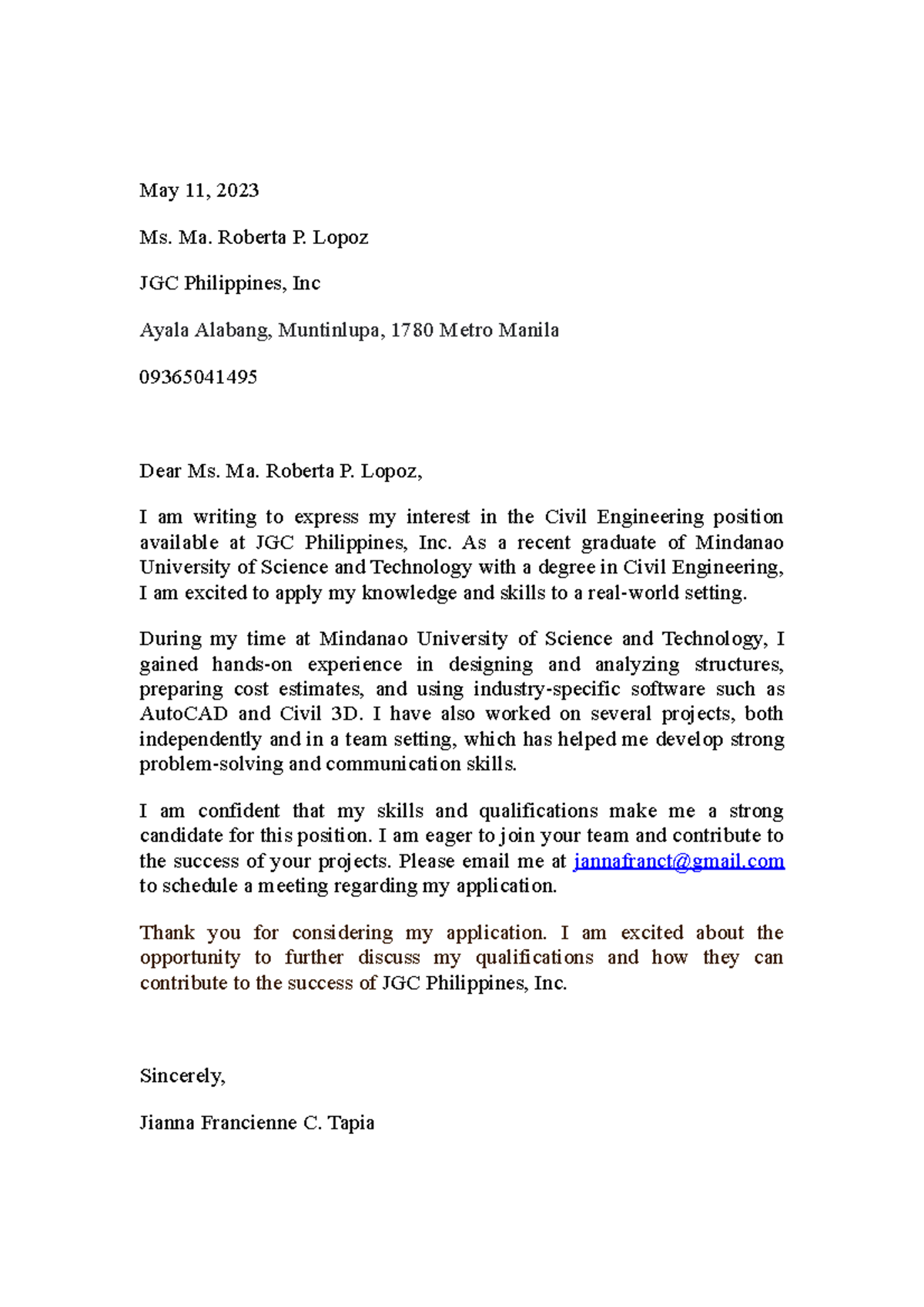 Civil Engineering Application Letter and Resume for JGC Philippines, Inc. - Document Preview
