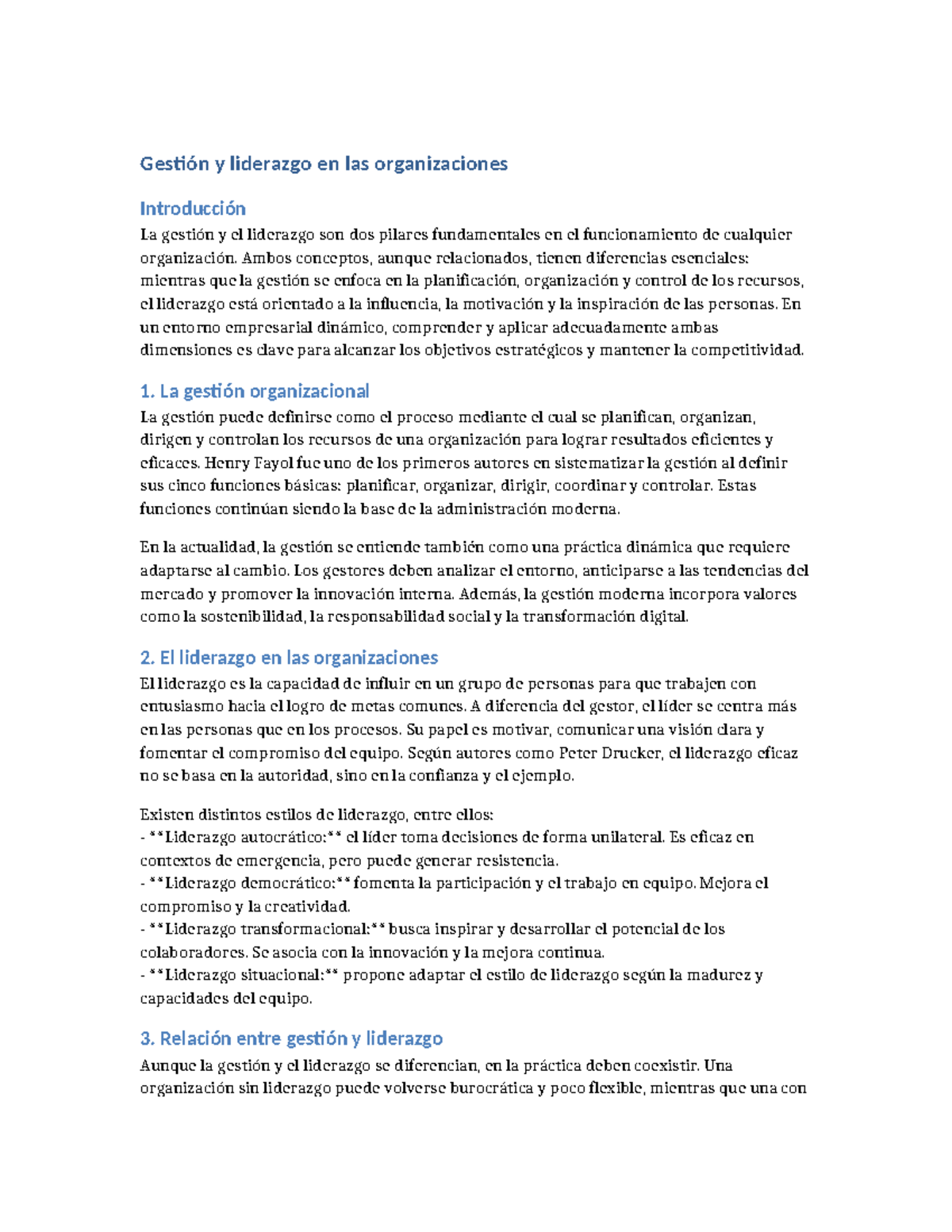 Gestión y Liderazgo en las Organizaciones: Claves para el Éxito - Studocu