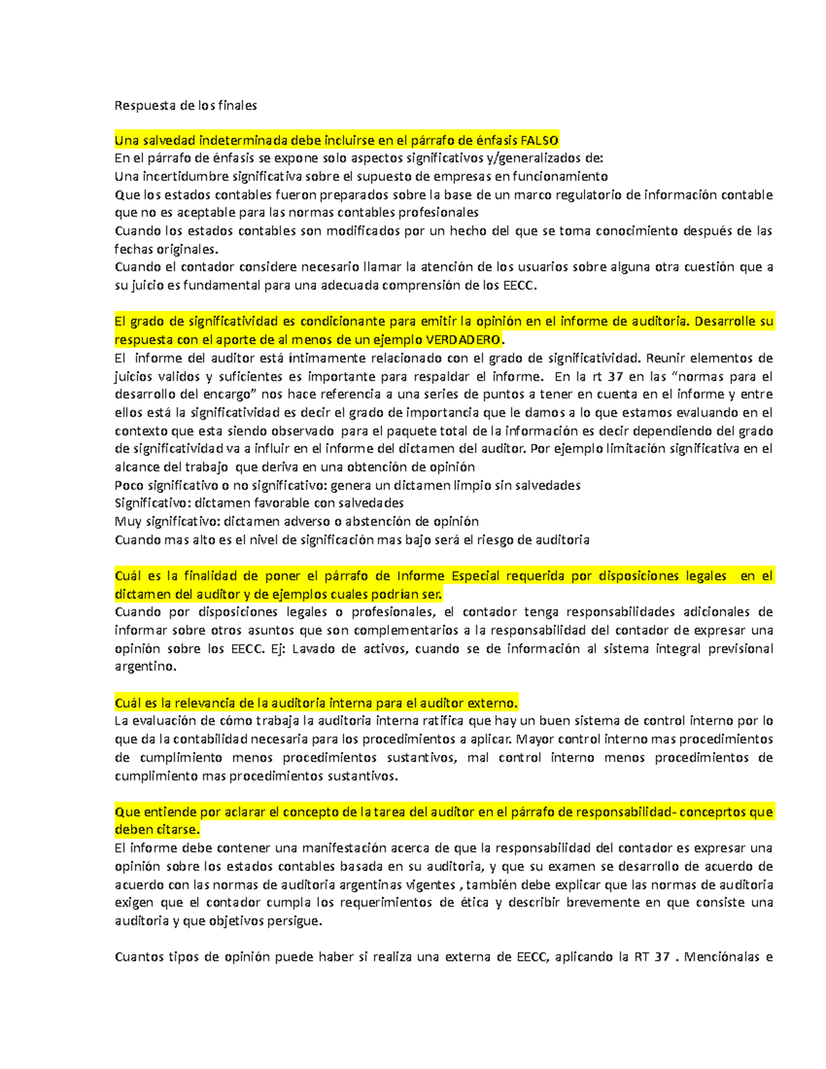 Respuestas del Examen Final de Auditoría - Código RT 37 - Studocu