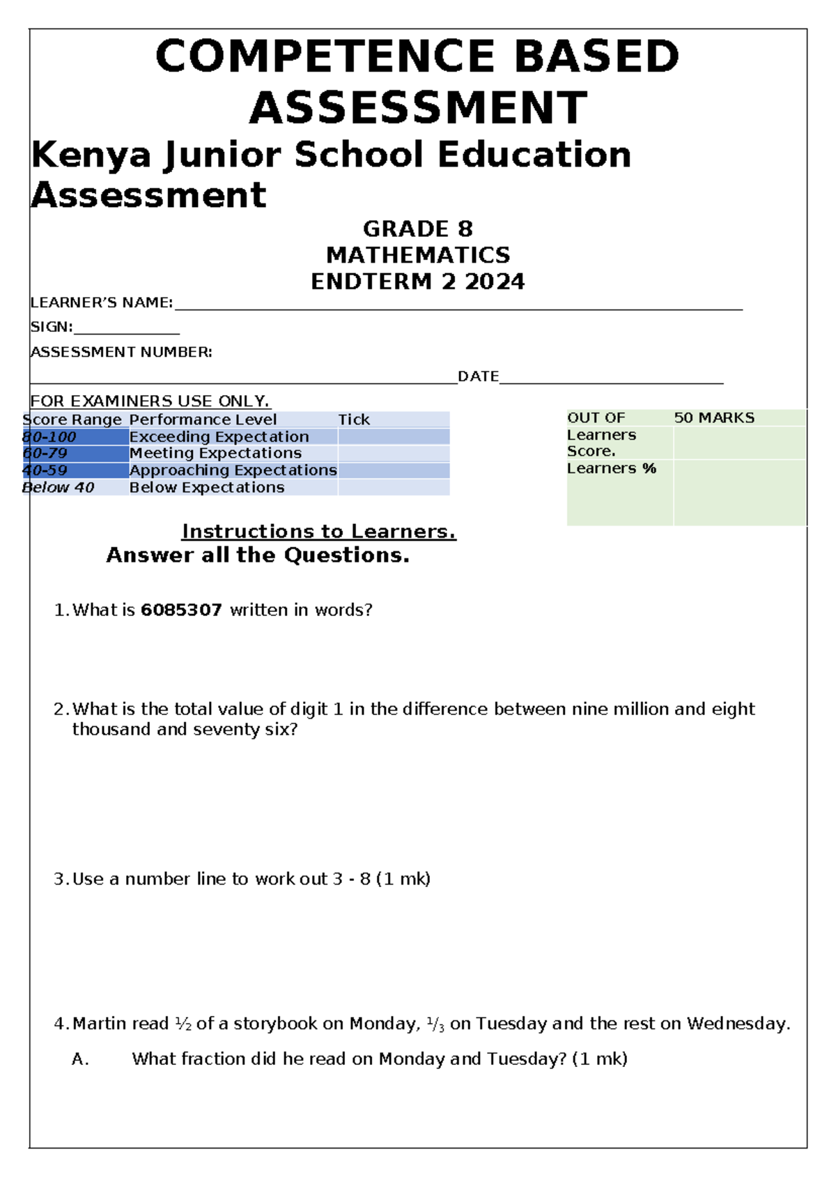 Endterm Assessment 2024: Kenya Grade 8 Mathematics Report - Studocu