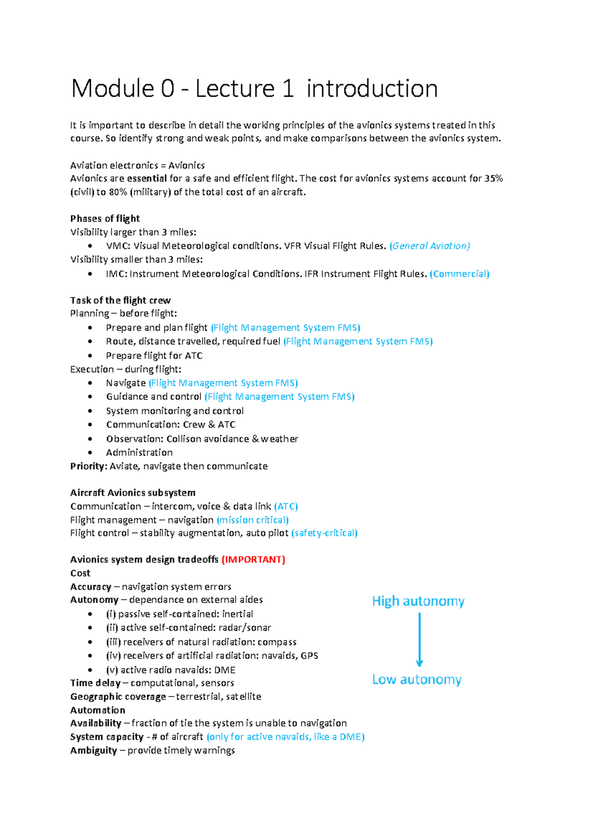 Lecture Notes on Avionics Systems - Module 0 (Lecture 1) - Studeersnel