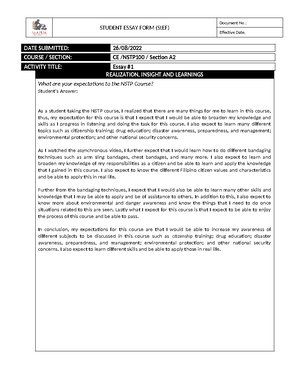 Calinga JS-NSTP1 00-A2-E1 - STUDENT ESSAY FORM (StEF) Document No ...