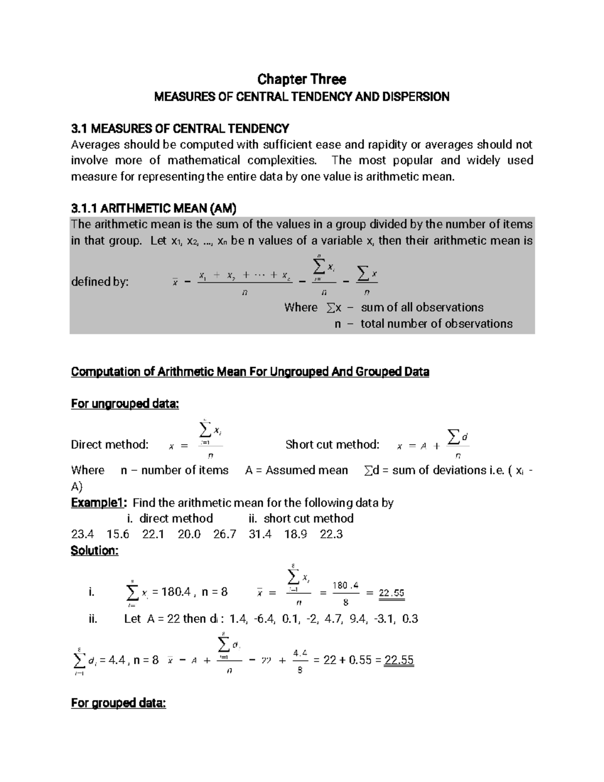 Chapter 3: Measures of Central Tendency and Dispersion - Studocu