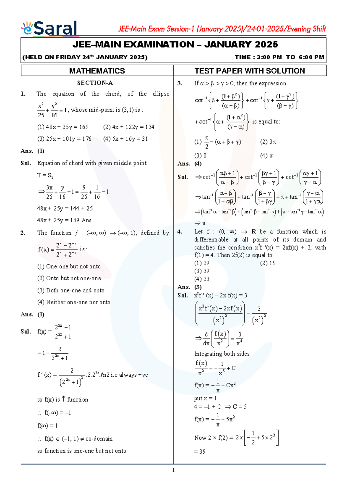 JEE MAIN 2025 (SHIFT 2) EXAMINATION PAPER WITH SOLUTIONS - Studocu