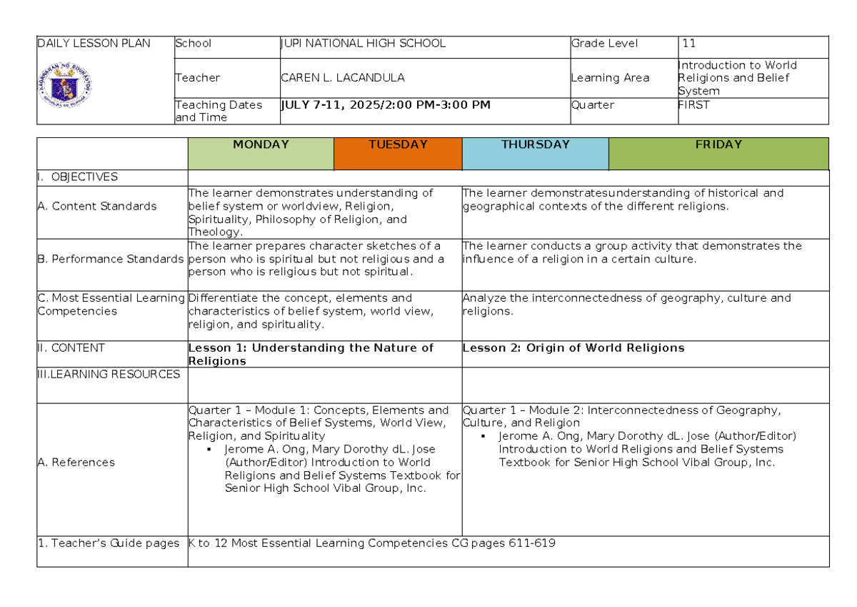 DAILY LESSON PLAN: Introduction to World Religions (Grade 11) - Studocu