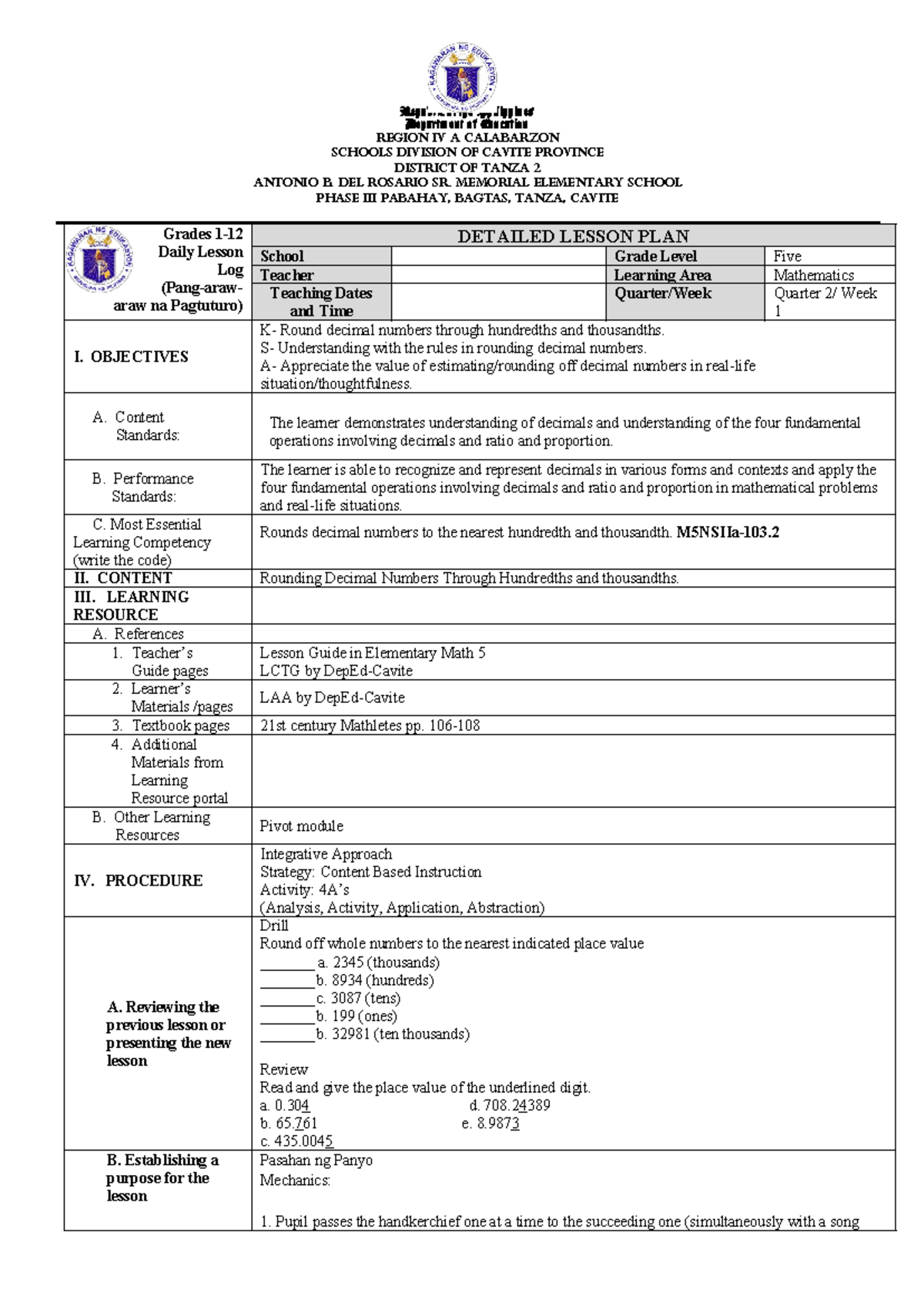 Mathematics 5 W2 D4 - Daily Lesson Log on Rounding Decimals - Studocu