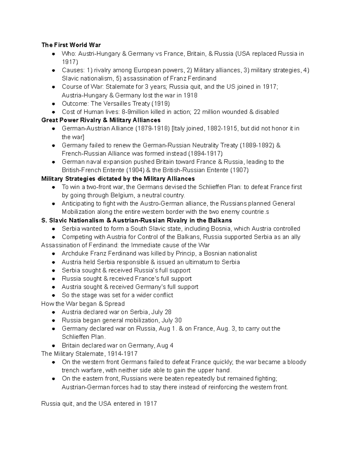 World History: WWI, Versailles Treaty & Russian Revolution Notes - Studocu