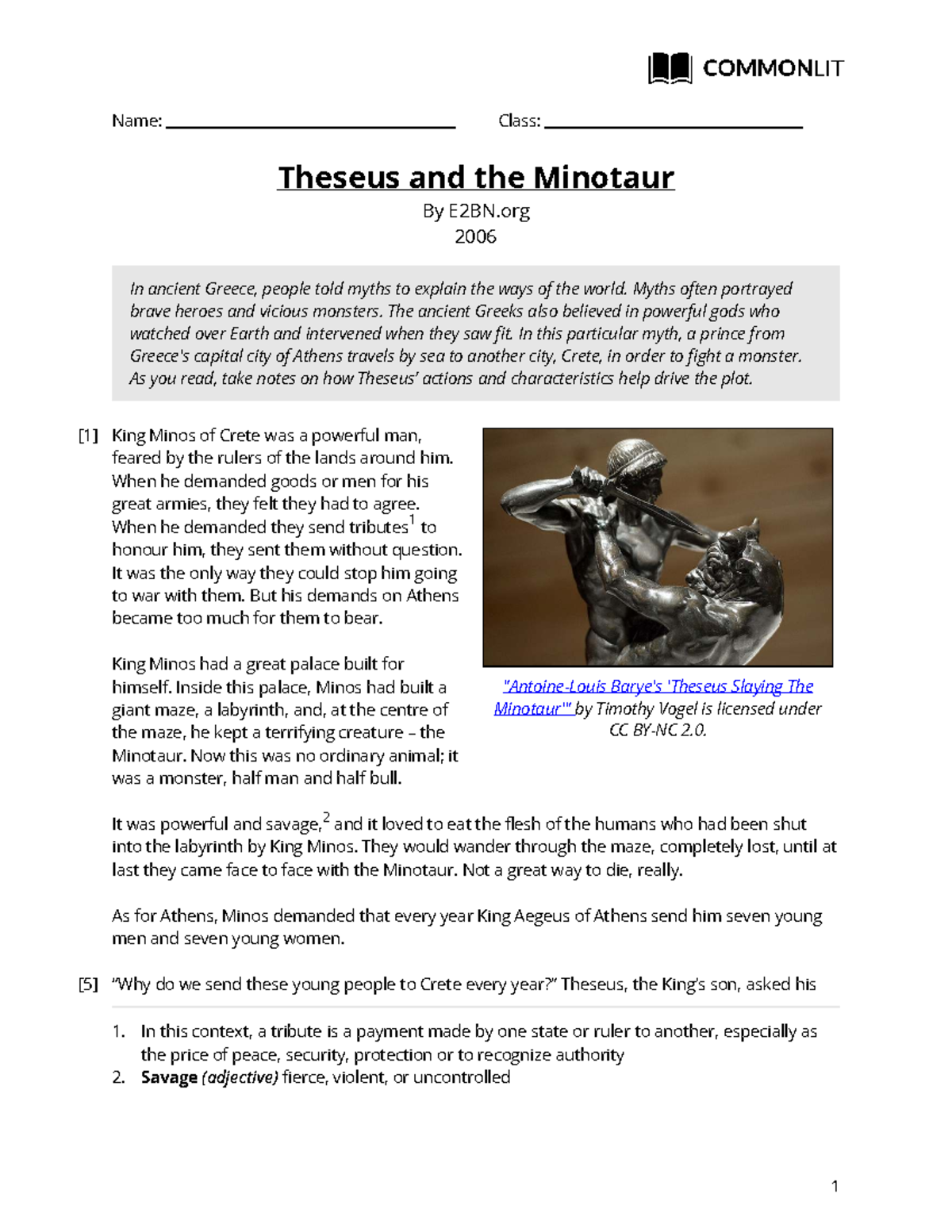 E2BN.org 2006: Theseus and the Minotaur Myth Analysis Notes - Studocu