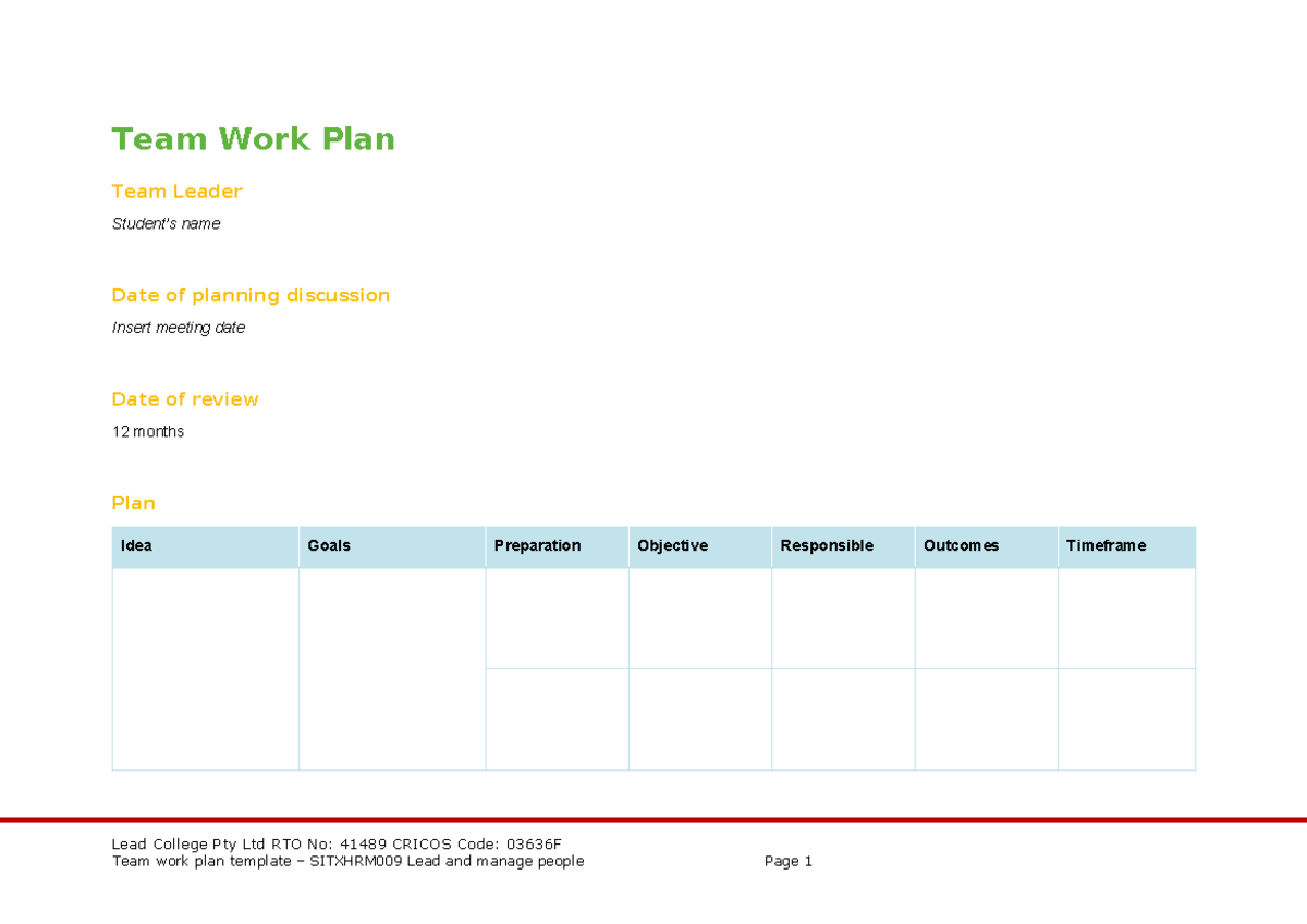 56. Sitxhrm 009 Team Work Plan Template for Lead College Project - Studocu