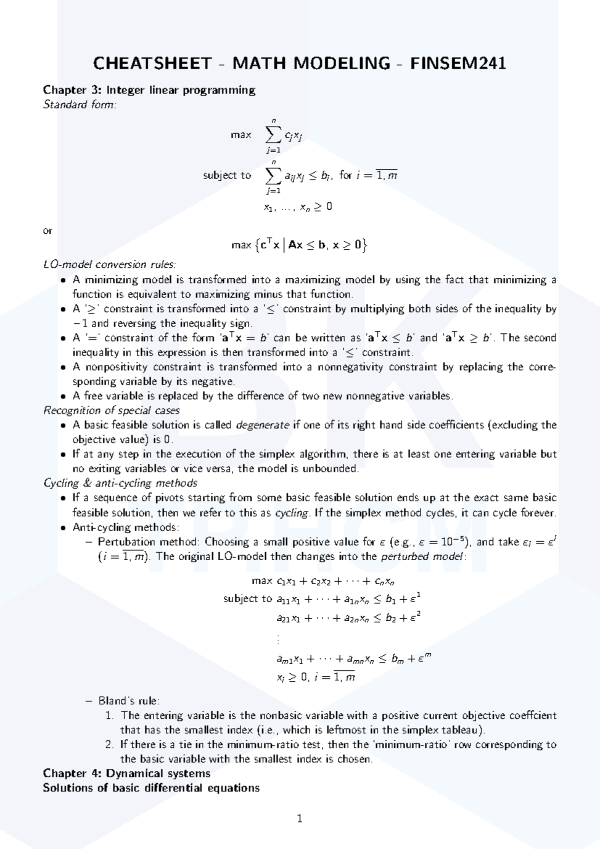 CHEATSHEET MATH MODELING FINSEM241 Chapter 3: Integer Linear ...