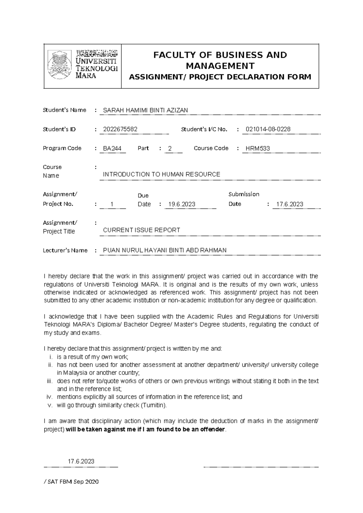 HRM BA244 Assignment Declaration Form - Current Issue Report - Studocu